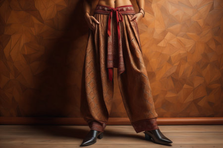 Young woman in traditional thai costume standing on the floor against solid color background. ai generativeの素材