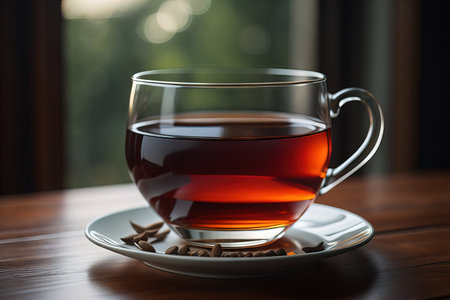 Cup of tea with mint leaves on wooden table, closeup. ai generativeの素材