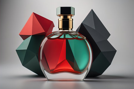 Creative and brandless Perfume bottle and flower on the wooden table, closeup. ai generativeの素材