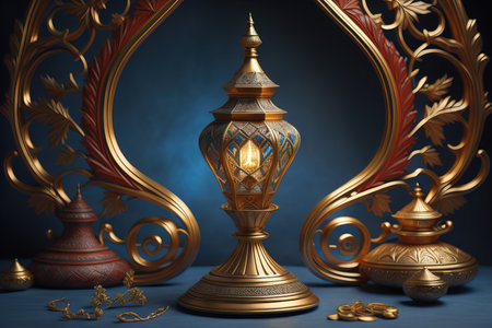 Lantern on a wooden table and a dark background. ai generativeの素材