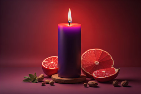 Burning aroma candle on wooden table against solid color background, copyspace. ai generativeの素材