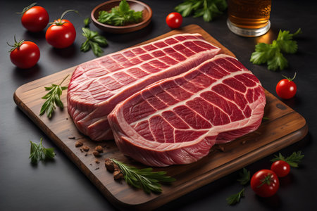 Raw beef sirloin steak with ingredients for cooking on wooden background. ai generativeの素材