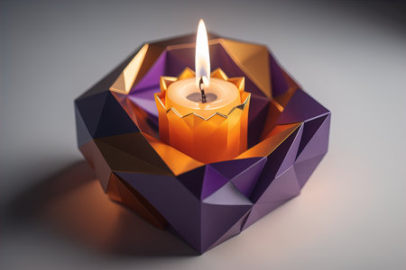 Burning aroma candle on wooden table against solid color background, copyspace. ai generativeの素材