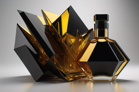 Creative and brandless Perfume bottle and flower on the wooden table, closeup. ai generativeの素材