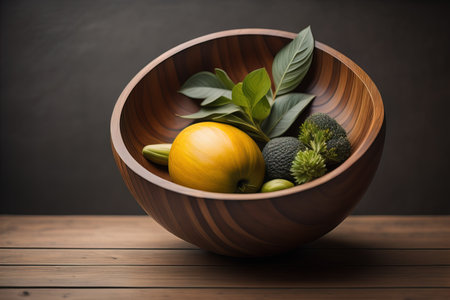 Empty wooden bowl on wooden background. Top view. Copy space. ai generativeの素材