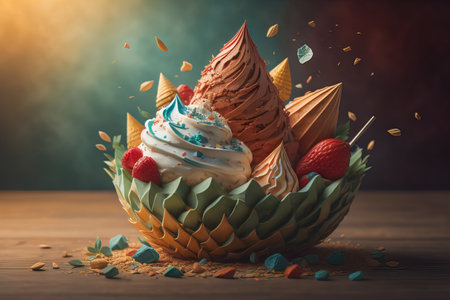 Ice cream in waffle cone on blue background, top view, flat lay. ai generativeの素材