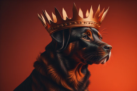 Portrait of a cute dog in a golden crown on a solid color background. ai generativeの素材