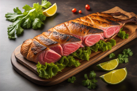 Raw beef sirloin steak with ingredients for cooking on wooden background. ai generativeの素材