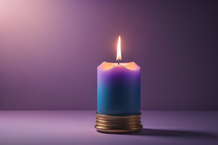 Burning aroma candle on wooden table against solid color background, copyspace. ai generativeの素材