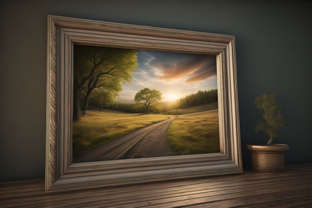 Wooden picture frame on the table. ai generativeの素材
