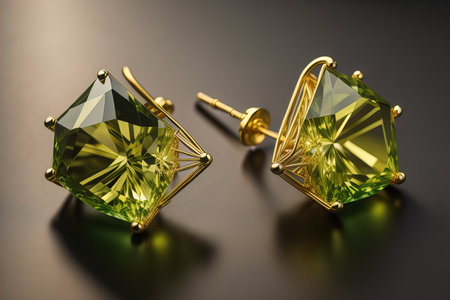 Earrings made of gold on a solid color background close up. ai generativeの素材