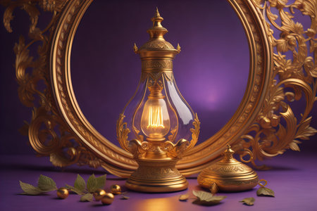 Lantern on a wooden table and a dark background. ai generativeの素材