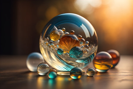 Colorful glass marbles on a the table. Selective focus. ai generativeの素材