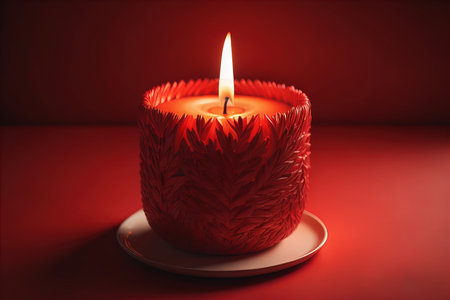 Burning aroma candle on wooden table against solid color background, copyspace. ai generativeの素材