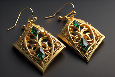 Earrings made of gold on a solid color background close up. ai generativeの素材