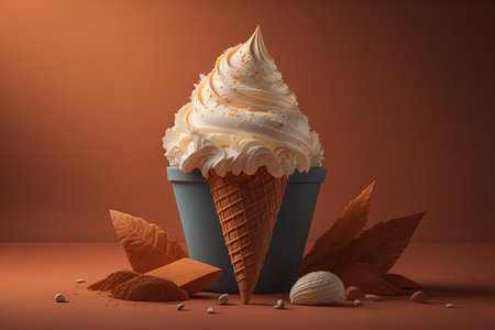Ice cream in waffle cone on blue background, top view, flat lay. ai generativeの素材