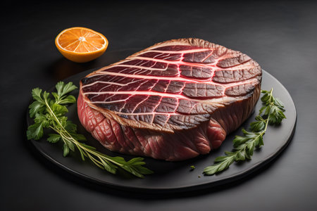 Raw beef sirloin steak with ingredients for cooking on wooden background. ai generativeの素材