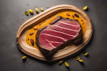 Raw beef sirloin steak with ingredients for cooking on wooden background. ai generativeの素材