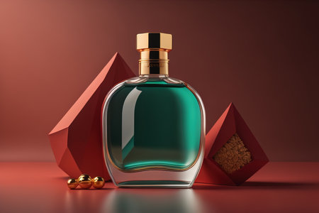 Creative and brandless Perfume bottle and flower on the wooden table, closeup. ai generativeの素材