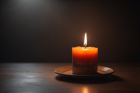 Creative burning candle on a wooden background. ai generativeの素材