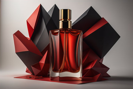 Creative and brandless Perfume bottle and flower on the wooden table, closeup. ai generativeの素材