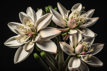 Beautiful white lilies on solid color background, closeup. Floral decor. ai generativeの素材