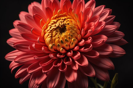Beautiful yellow dahlia flower on dark background, closeup. ai generativeの素材