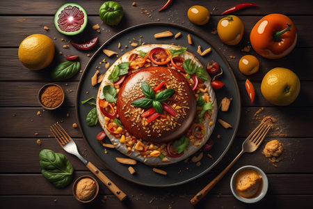 Homemade hamburger with fresh vegetables and spices on dark wooden background. ai generativeの素材