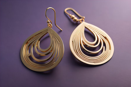 Earrings made of gold on a solid color background close up. ai generativeの素材