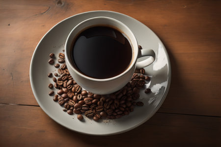 Coffee cup and coffee beans on a wooden table, top view. ai generativeの素材