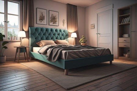 Modern bedroom interior design with gray walls, wooden floor, comfortable king size bed with two pillows. ai generativeの素材