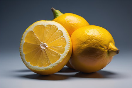 Lemons with leaves on a wooden table. ai generativeの素材