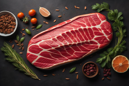 Raw beef sirloin steak with ingredients for cooking on wooden background. ai generativeの素材