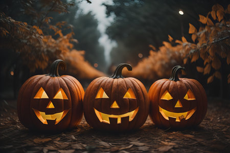 Halloween pumpkins in the forest at night. Halloween concept. ai generativeの素材