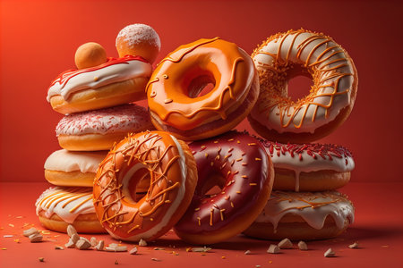 Variety of donuts on a solid color background. Top view. ai generativeの素材