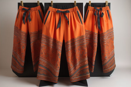 Young woman in traditional thai costume standing on the floor against solid color background. ai generativeの素材