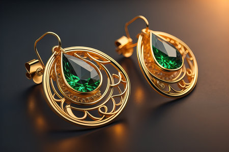 Earrings made of gold on a solid color background close up. ai generativeの素材