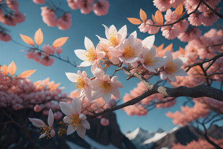 cherry blossom sakura flower on blue sky background, ai generativeの素材