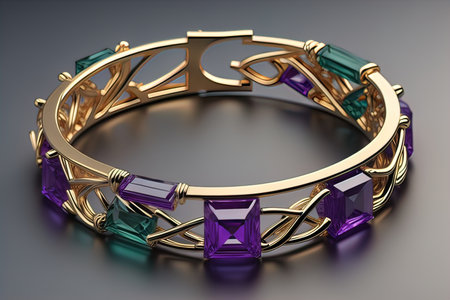 Jewelry Bracelet with precious stones on a gray background. Studio shot. ai generativeの素材