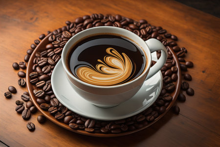 Coffee cup and coffee beans on a wooden table, top view. ai generativeの素材