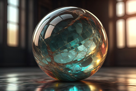 Transparent crystal ball on a wooden table. ai generativeの素材
