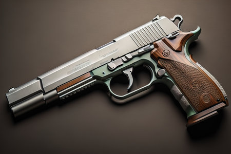 Semi-automatic handgun on a solid color background. Close-up. ai generativeの素材