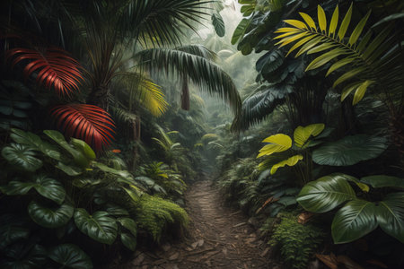 A pathway in tropical rainforest with palm trees and path in the mist. ai generativeの素材
