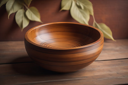 Empty wooden bowl on wooden background. Top view. Copy space. ai generativeの素材