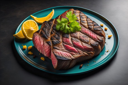Raw beef sirloin steak with ingredients for cooking on wooden background. ai generativeの素材