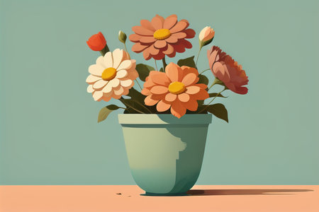Flowerpot with daisies. Vector illustration in retro style. ai generativeの素材