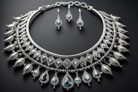 Silver necklace on a solid color background in close-up. ai generativeの素材