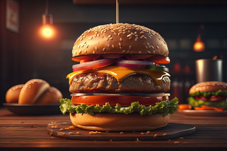 Big tasty hamburger on wooden table. ai generativeの素材