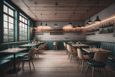Interior of a modern cafe with blue walls and wooden floor. ai generativeの素材