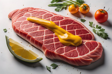Raw beef sirloin steak with ingredients for cooking on wooden background. ai generativeの素材